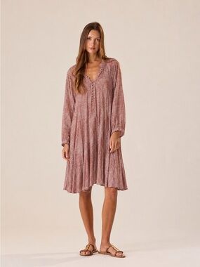 Natalie Martin Dusty Rose Fiore Button-Front Long Sleeve Dress| Size: L